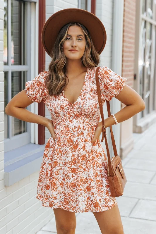 Special Offer – Act Fast!Orange Floral Print Smocked Mini Dress - FINAL SALE