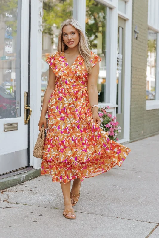 Hurry, Sale Ends Soon!Paradise Peach Floral Tie Midi Dress - FINAL SALE