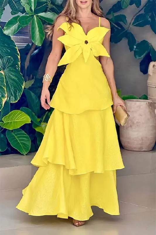 Your Best Deals Are Here!Solid Color 3D Flower Decor Sweet Tiered Ruffles Maxi Dress