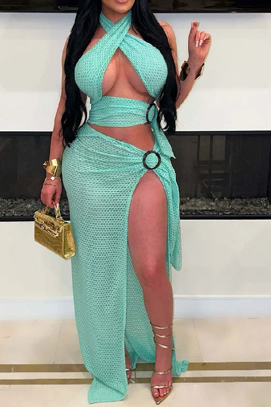 Limited Stock Available!Solid Color Chic See-Through O-ring Design High Split Maxi Dress