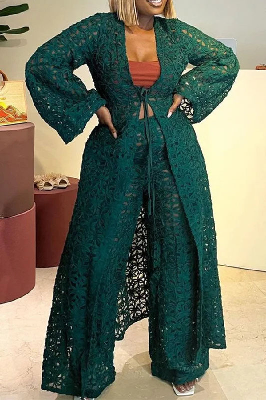 Today’s Deals, Tomorrow’s Regrets!Solid Color Lace Cutout Laid Back Lace-Up Pant Suit