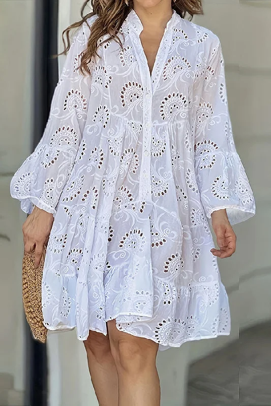 Buy More, Pay Less!Solid Color Lace Stylish See-Through Hollow Out Midi Dress