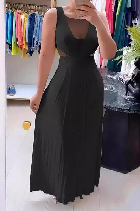 Get the Best for Less!Solid Color Mesh Patchwork Feminine V-Back Pleated Maxi Dress