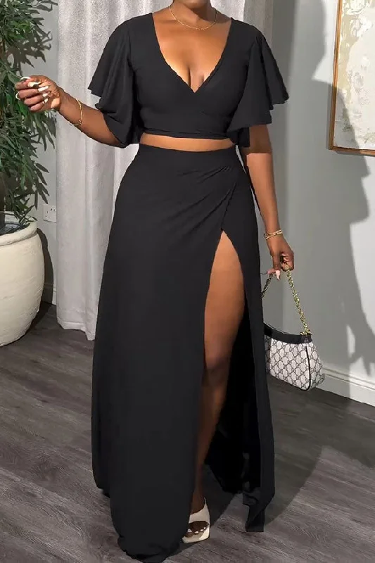 New Discounts Just Dropped!Solid Color Ruffle Sleeve Cool High Split Skirt Suit