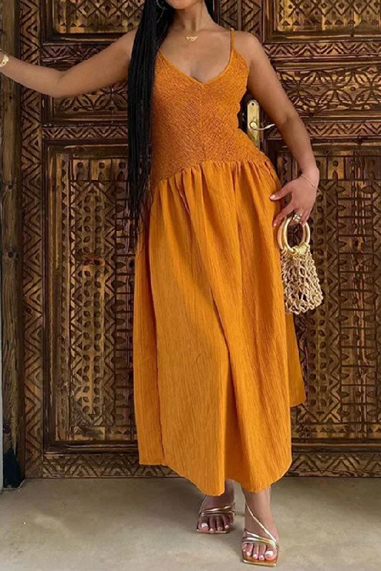 Score Huge Discounts Today!Solid Color Unique Textured Spaghetti Strap Midi Dress