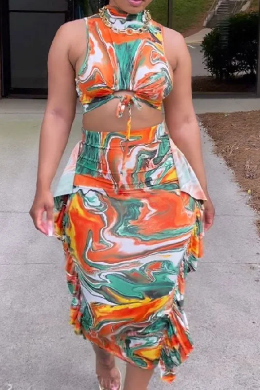 Must-Have Deals Inside!Tie Dye Drawstring Cutout Ruffle Smart Mock Neck Dress Suit