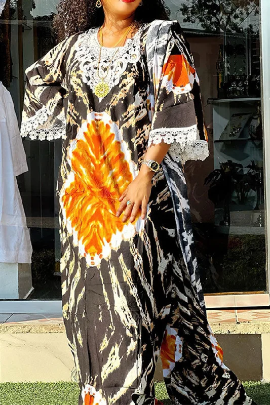 Today Only – Don’t Miss It!Tie Dye Lace Patchwork Retro Round Neck Maxi Dress