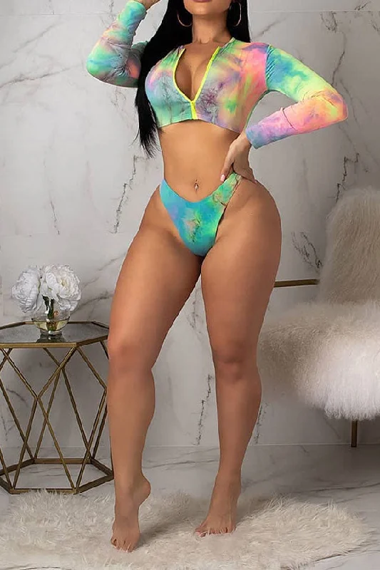 Your Favorite Sale is Back!Tie Dye Sporty Zipper Long Sleeve Bikini