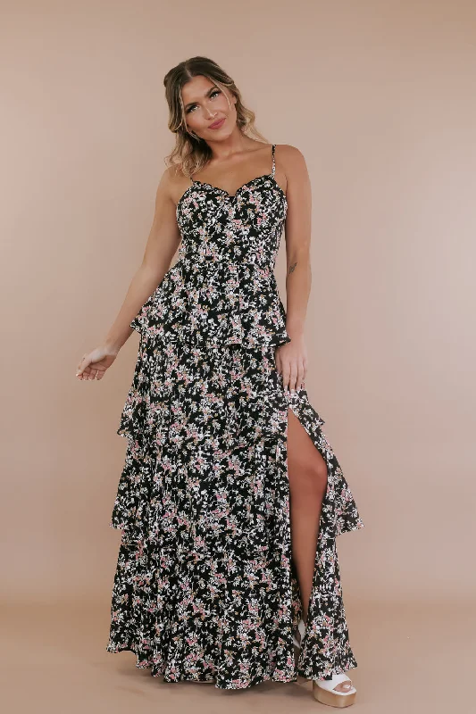 Steals and Deals Await!Fierce In Floral Tiered Maxi Dress, Black