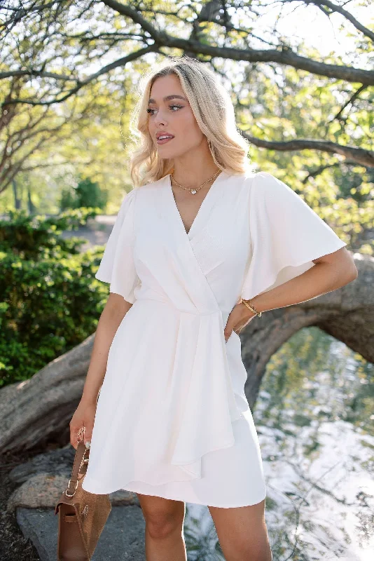 Get Ready to Save!White Short Sleeve Wrapped Mini Dress - FINAL SALE