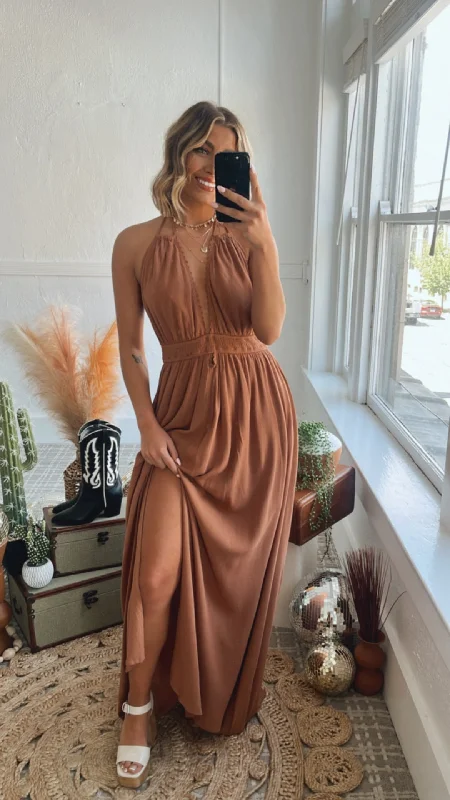 Shop Before It’s Gone!Lace Trim Halter Maxi Dress, Hazelnut