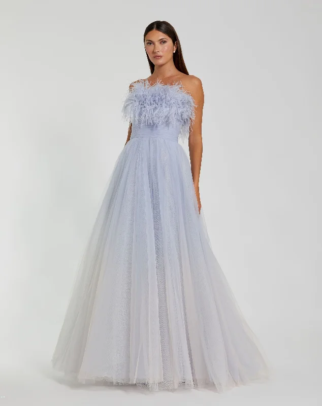 Stock Up and Save!Strapless Feather Bodice Tulle Gown