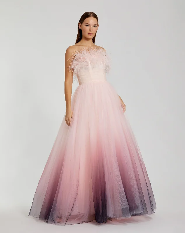 Limited Edition, Limited Price!Strapless Feather Bodice Tulle Gown