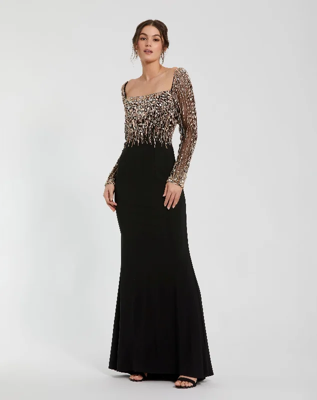 Hot Deals You Can’t Resist!Beaded Square Neck Long Sleeve Jersey Gown