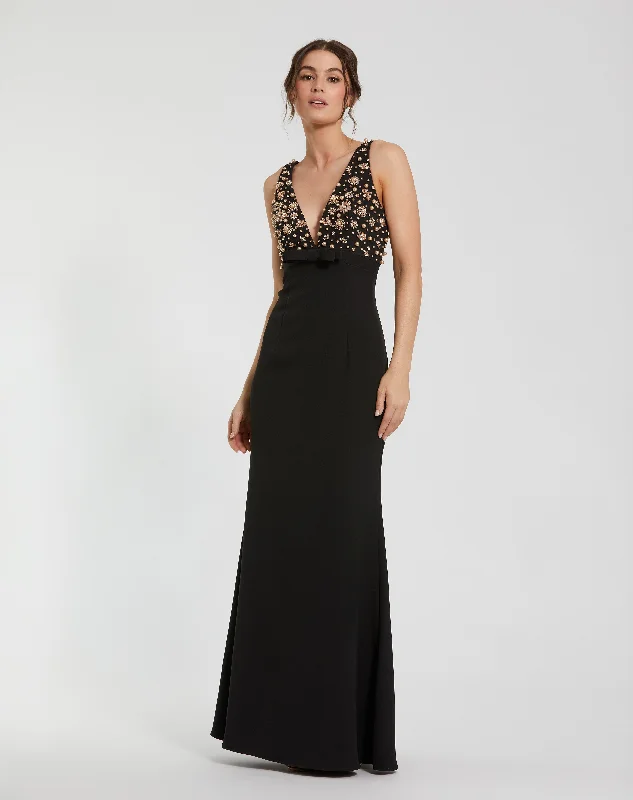 Hurry, Sale Ends Soon!Crepe Sleeveless Beaded V Neck Gown With Bow