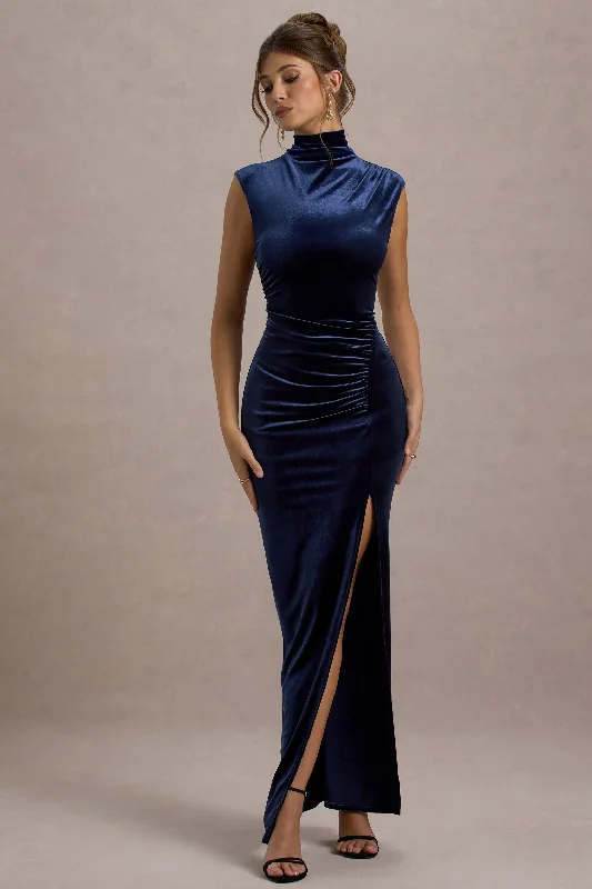 The Best Deals Won’t Wait!Abilene | Navy Velvet High-Neck Split Maxi Dress