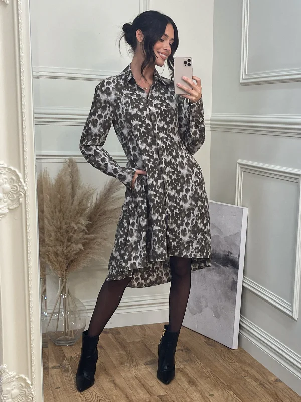 Your Dream Deal is Here!Abstract Print Dipped Hem Shirt Dress, Taupe Multi