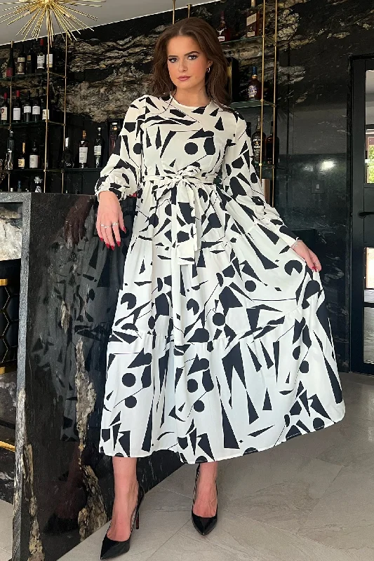 Limited Edition, Limited Price!Angelina Monochrome Tie Waist Smock Maxi Dress