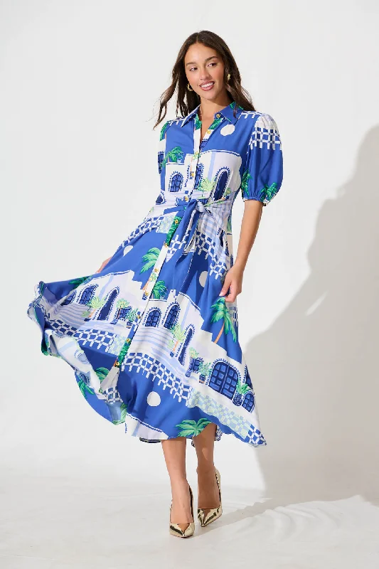 Save Up to 50% Off!Bella Maxi Shirt Dress in Blue with White Print