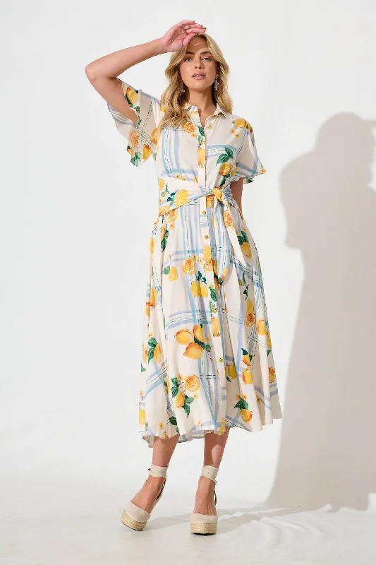 Shop Now and Save!Bellarosa Maxi Shirt Dress in Ivory with Lemon and Blue Print