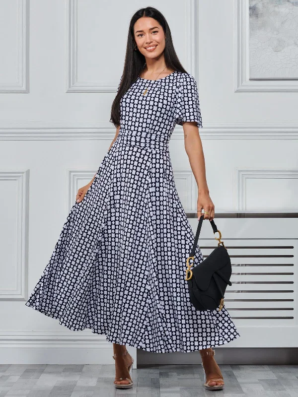 Don’t Wait – Shop Today!Boat Neck Angel Sleeve Maxi Dress, Navy Geo