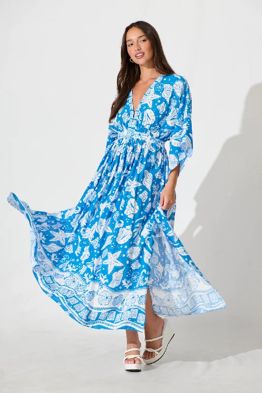 Mega Sale Happening Now!Break Free Maxi Dress In Blue and White Shell Print