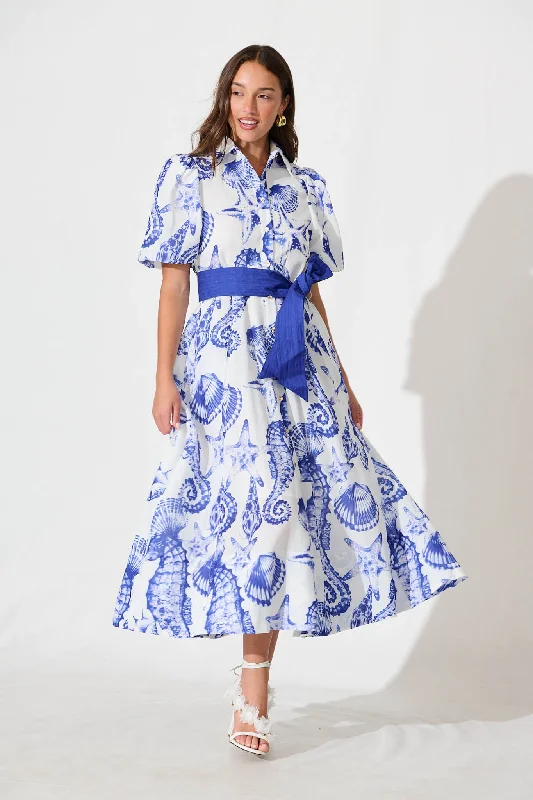Seasonal Sale – Shop Now!Cacia Maxi Shirt Dress In White With Blue Print Linen Blend Seasonal Sale – Shop Now!Cacia Maxi Shirt Dress In White With Blue Print Linen Blend