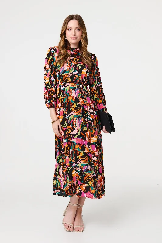 Buy More, Pay Less!Printed High Neck Long Sleeve Midi Dress