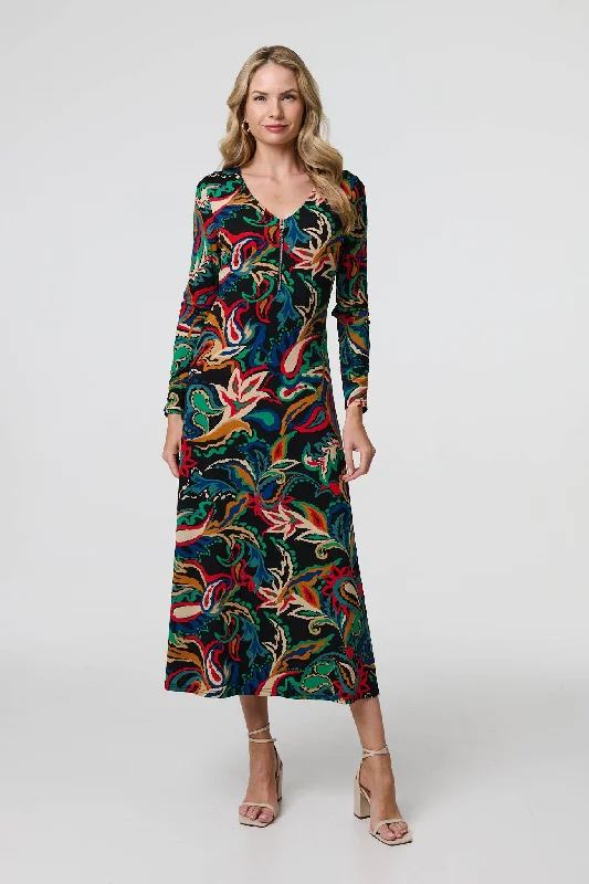 Price Drop Alert!Printed Zip Front Long Sleeve Maxi Dress