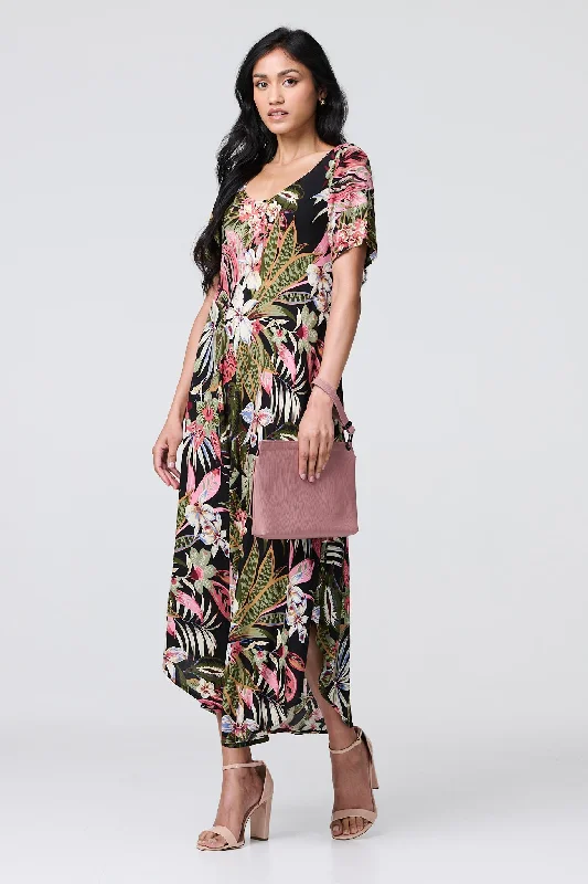Shop Smart, Save Big!Tropical Print 1/2 Sleeve Maxi Dress