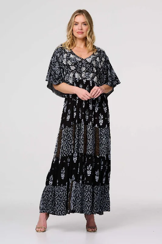 Save Like Never Before!Leaf Print 3/4 Kimono Sleeve Maxi Dress