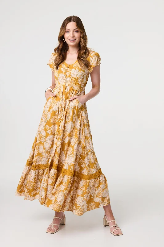 Save More Than Ever!Leaf Print Cap Sleeve Maxi Dress