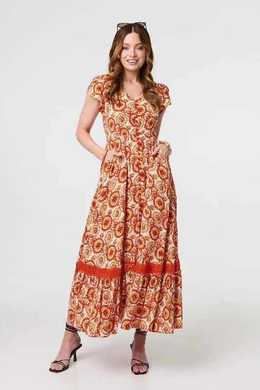 The Best Offers Are Here!Paisley Cap Sleeve Lace Trim Maxi Dress