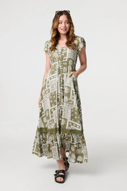 Buy More, Save More!Printed V-Neck Cap Sleeve Maxi Dress