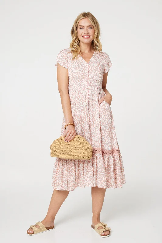 Today’s Deals, Tomorrow’s Regrets!Printed Cap Sleeve Lace Trim Maxi Dress