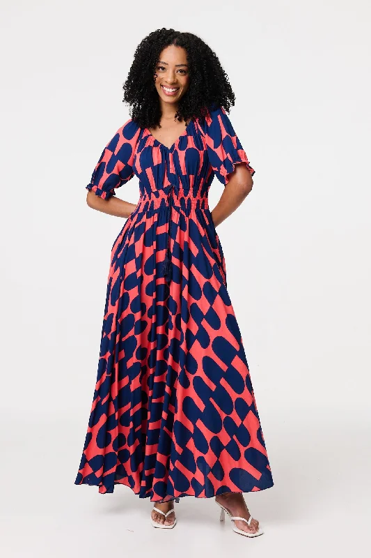 Huge Savings – Act Now!Printed V-Neck Short Puff Sleeve Maxi Dress