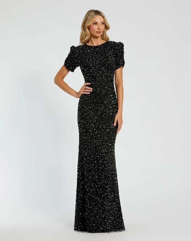 Find Your Perfect Deal Today!Gathered Short Sleeve Beaded Gown
