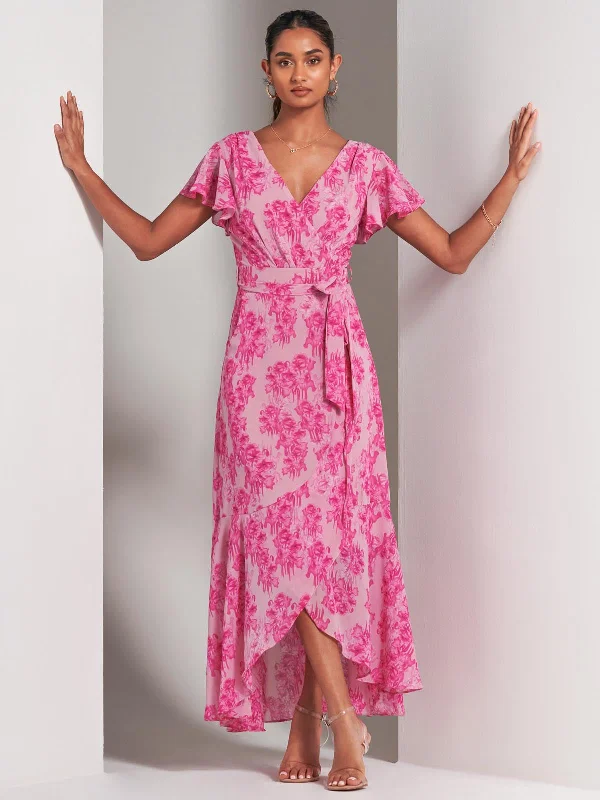 Enjoy Huge Discounts Now!Haylie Frill Chiffon Maxi Dress, Pink Floral