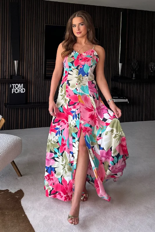 Unbeatable Prices!Izzy Pink Floral Cami Button Detail Maxi Dress