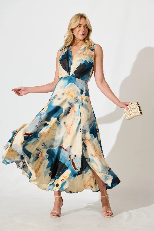 Shop More, Spend Less!Jenibelle Maxi Dress in Blue And Cream Watercolour Satin