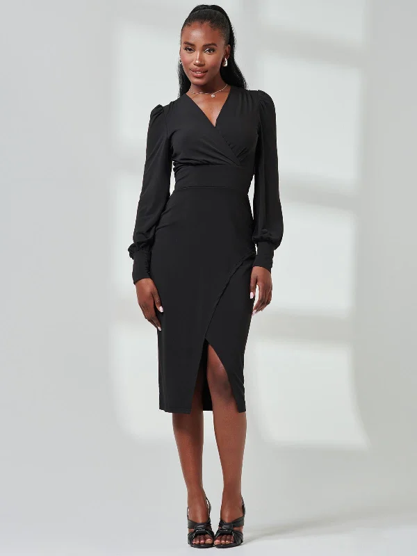 Special Discounts Inside!Jersey Wrap Slit Pencil Dress, Black