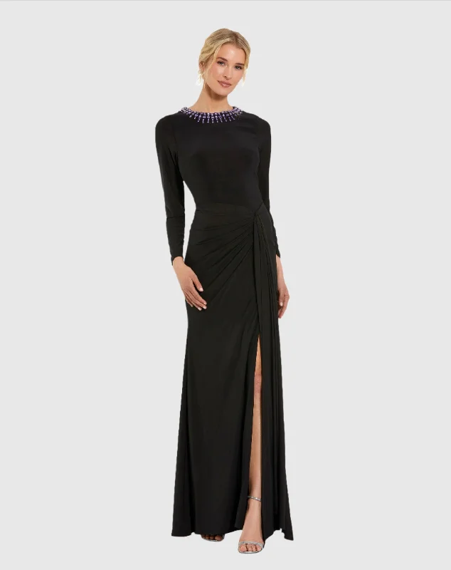 Unlock Huge Savings Now!Long Sleeve Jersey Ruched Gown With Beaded Neck