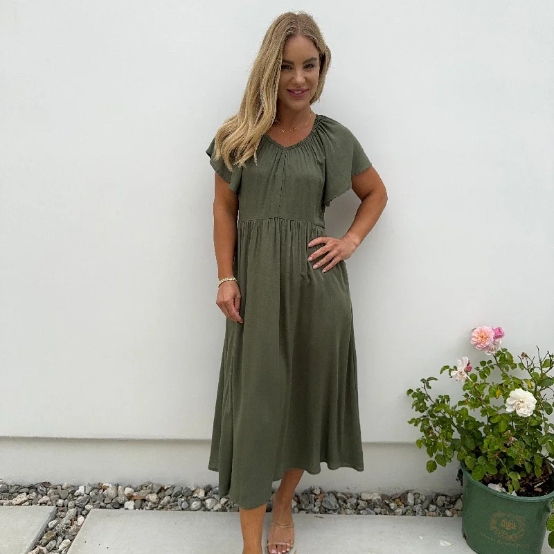 Limited Time Offer!Dahlia Olive Short Sleeve Ankle Maxi Dress