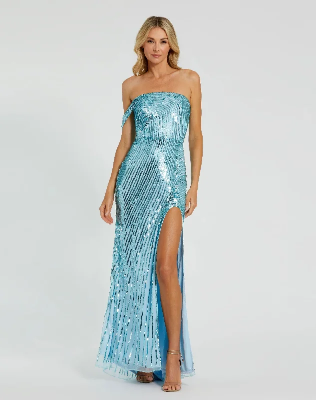 The Best Deals Won’t Wait!One Shoulder Mesh Sequin Gown With Slit