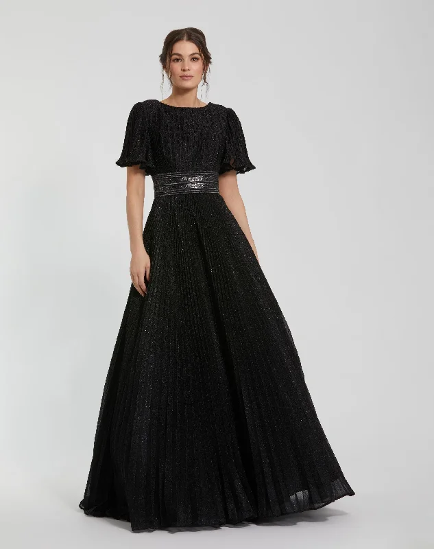Every Deal is a Steal!Pleated Shimmering Georgette Flutter Sleeve Gown