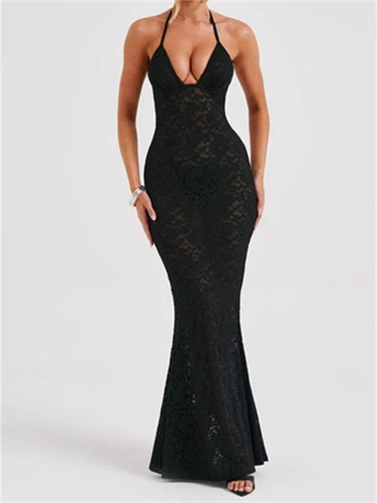 Limited Edition, Limited Price!Amy Fashion - Sexy Women Lace  Sexy Mesh See Through Summer Off Shoulder V-neck Halter Black Beach Female Vestidos