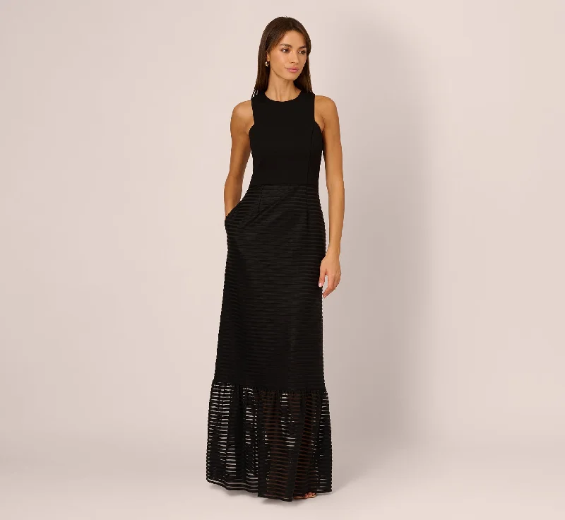Lowest Prices Guaranteed!Sleeveless Shadow Stripe Gown With Sheer Flared Skirt In Black