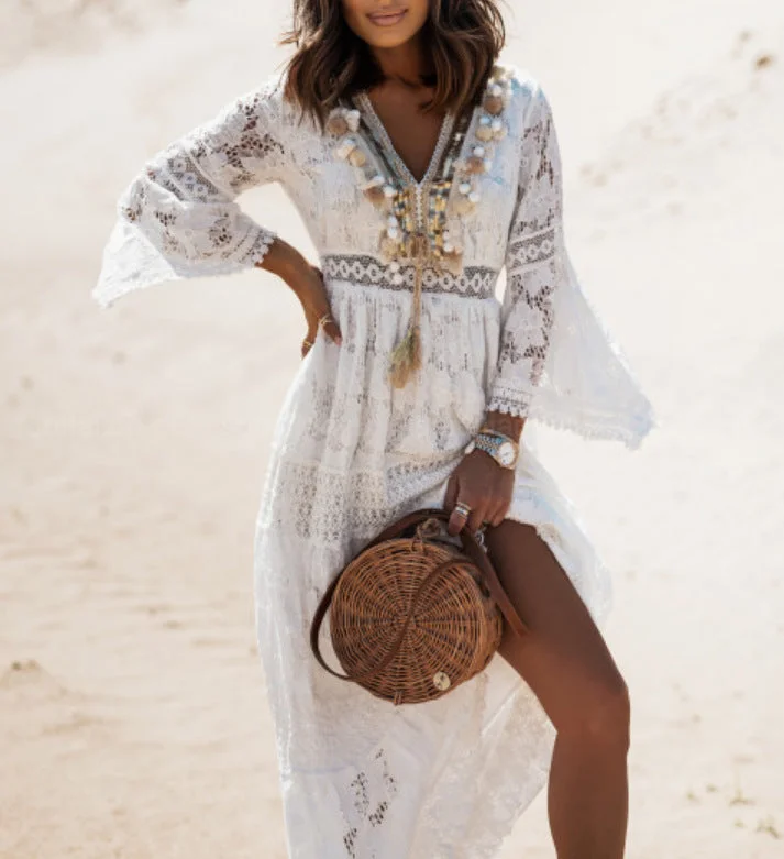 Best Deals Just for You!Summer Lace Stitching Fresh And Sweet Tassel Horn Large Swing Dress
