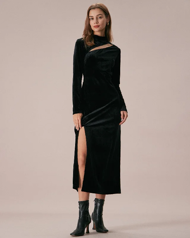 Incredible Savings Inside!The Black Mock Neck Velvet Slit Maxi Dress