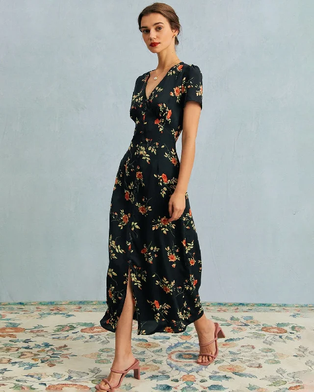 Find Your Perfect Deal Today!The Black V Neck Floral Short Sleeve Maxi Dress